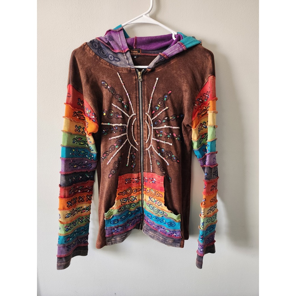 Rising International Brown Patchwork Sunburst Boho Zip Up Hoodie Medium